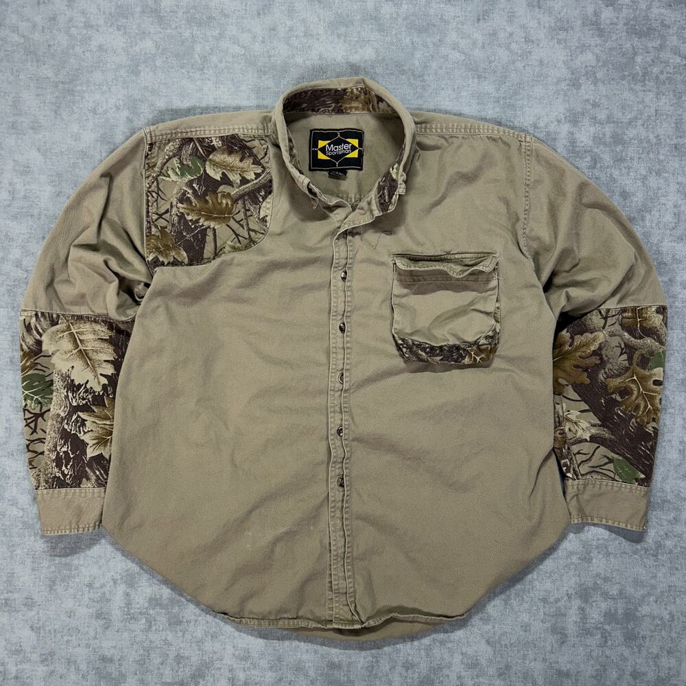 Y2K Master Sportsman hunting/shooting button up camo patch outdoor mens XL